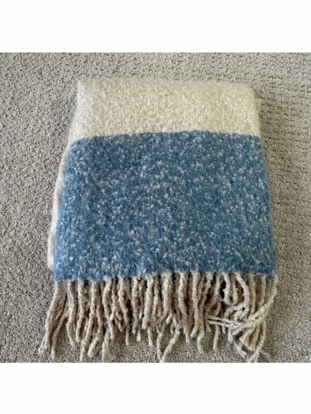 Pottery Barn Faux Mohair Blanket Blue Cream Throw Dipped Porch Fringe Warm Cozy
